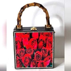 Women's Red Rose Rhinestone Frame Bamboo Top Handle Handbag